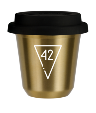 Tasse 80 ml OR "42 (blanc)", avec couvercle noir Tasse 80 ml OR "42 (blanc)", avec couvercle noir