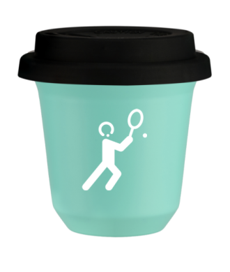 Tasse 80 ml TURQUOISE "Tennis 1 (blanc)", avec couvercle noir Tasse 80 ml TURQUOISE "Tennis 1 (blanc)", avec couvercle noir