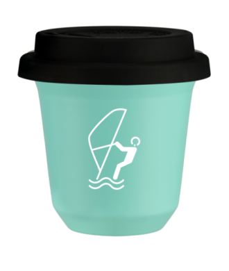 Tasse 80 ml TURQUOISE "Sports nautiques (blanc)", avec couvercle noir Tasse 80 ml TURQUOISE "Sports nautiques (blanc)", avec couvercle noir