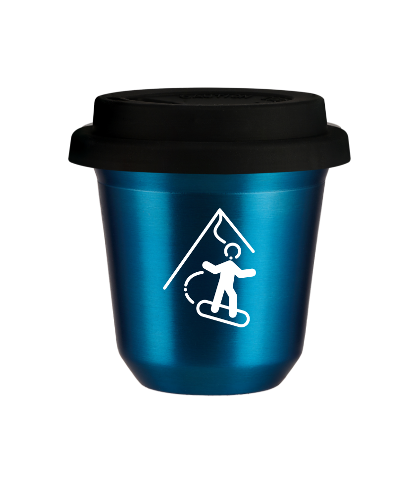 Tasse 80 ml BLEU MÉTALLIQUE "Snowboard (blanc)", avec couvercle noir