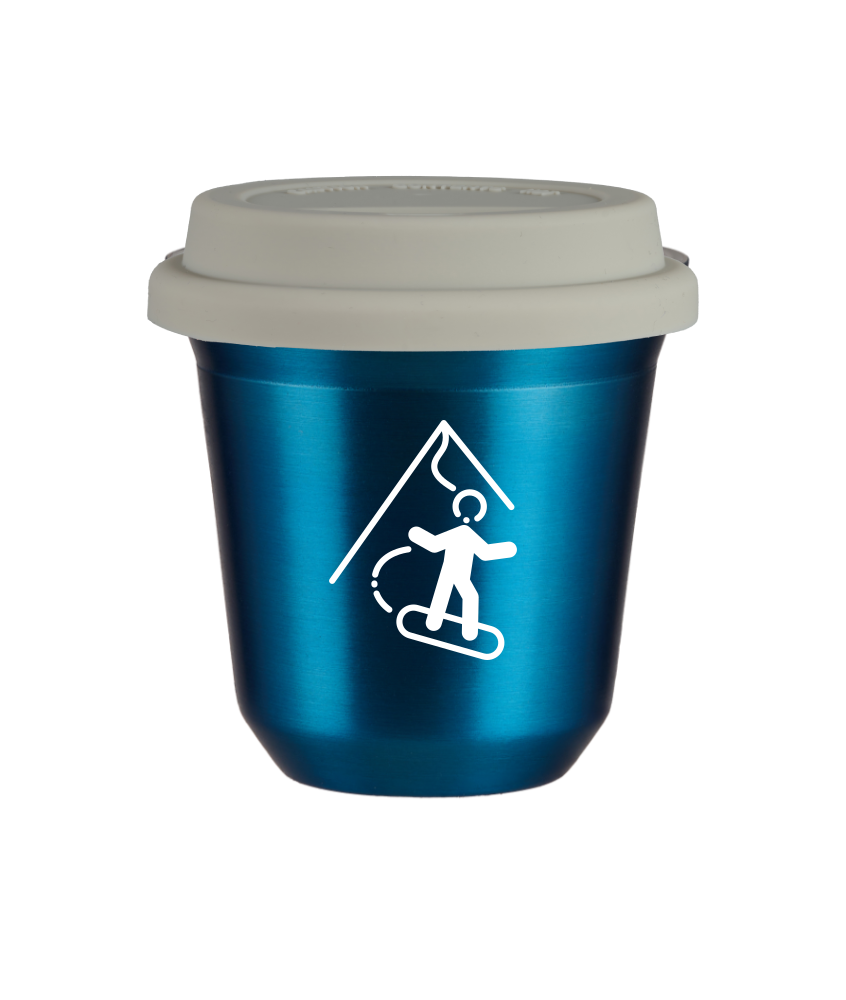 Tasse 80 ml BLEU MÉTALLIQUE "Snowboard (blanc)", avec couvercle blanc
