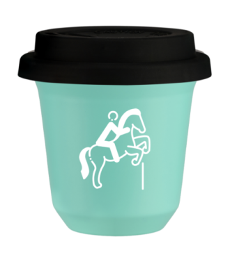 Tasse 80 ml TURQUOISE "Équitation 1 (blanc)", avec couvercle noir Tasse 80 ml TURQUOISE "Équitation 1 (blanc)", avec couvercle noir