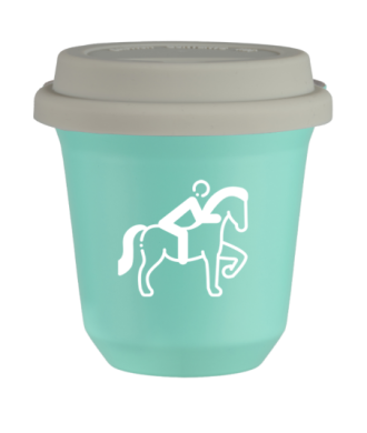 Tasse 80 ml TURQUOISE "Équitation 2 (blanc)", avec couvercle blanc Tasse 80 ml TURQUOISE "Équitation 2 (blanc)", avec couvercle blanc