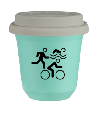 Tasse 80 ml TURQUOISE "Sports (noir)", avec couvercle blanc Tasse 80 ml TURQUOISE "Sports (noir)", avec couvercle blanc