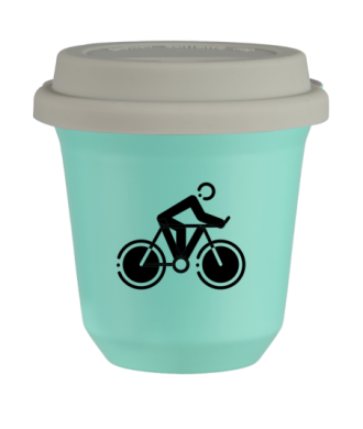 Tasse 80 ml TURQUOISE "Cyclisme 2 (noir)", avec couvercle blanc Tasse 80 ml TURQUOISE "Cyclisme 2 (noir)", avec couvercle blanc