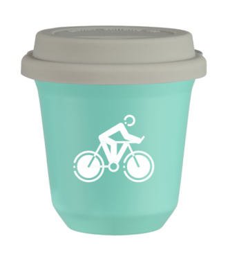 Tasse 80 ml TURQUOISE "Cyclisme 2 (blanc)", avec couvercle blanc Tasse 80 ml TURQUOISE "Cyclisme 2 (blanc)", avec couvercle blanc