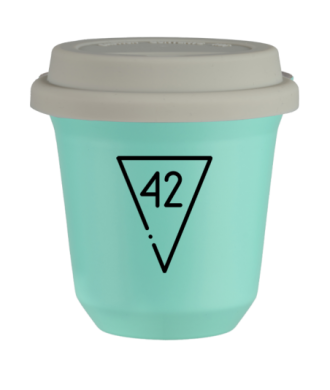 Tasse 80 ml TURQUOISE "42 (noir)", avec couvercle blanc Tasse 80 ml TURQUOISE "42 (noir)", avec couvercle blanc