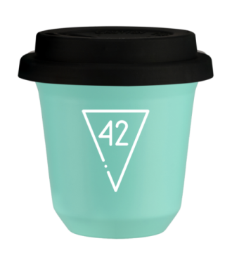 Tasse 80 ml TURQUOISE "42 (blanc)", avec couvercle noir Tasse 80 ml TURQUOISE "42 (blanc)", avec couvercle noir