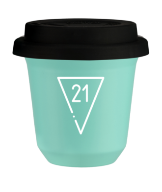 Tasse 80 ml TURQUOISE "21 (blanc)", avec couvercle noir Tasse 80 ml TURQUOISE "21 (blanc)", avec couvercle noir