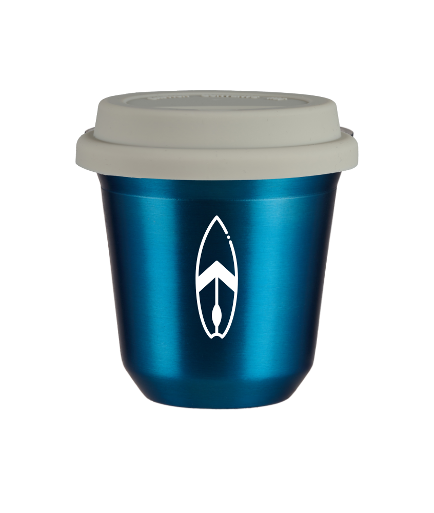 Tasse 80 ml BLEU MÉTALLIQUE "Planche (blanc)", avec couvercle blanc