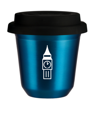 Tasse 80 ml BLEU MÉTALLIQUE "BIG BEN (blanc)", avec couvercle noir Tasse 80 ml BLEU MÉTALLIQUE "BIG BEN (blanc)", avec couvercle noir