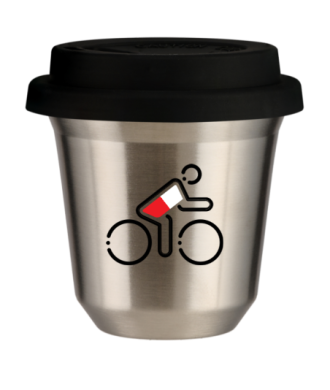 Tasse 80 ml ARGENT "Cycliste aux couleurs polonaises", avec couvercle noir Tasse 80 ml ARGENT "Cycliste aux couleurs polonaises", avec couvercle noir
