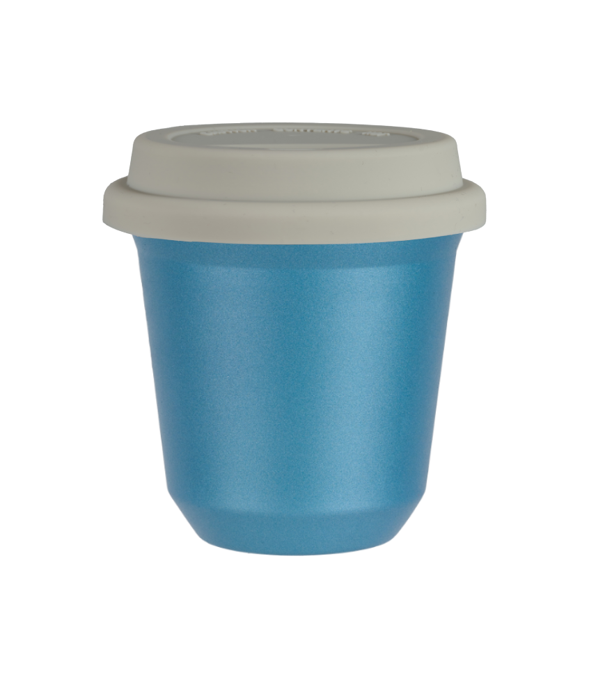 Tasse 80 ml BLEU CLAIR MÉTALLIQUE, avec couvercle blanc
