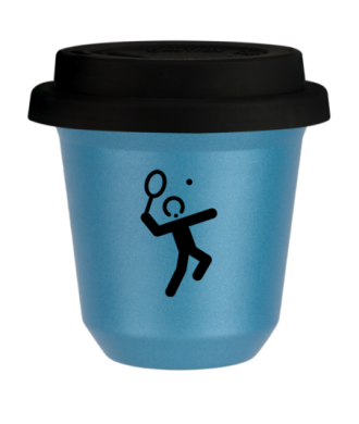 Tasse 80 ml BLEU CLAIR MÉTALLIQUE "Tennis 2 (noir)", avec couvercle noir Tasse 80 ml BLEU CLAIR MÉTALLIQUE "Tennis 2 (noir)", avec couvercle noir