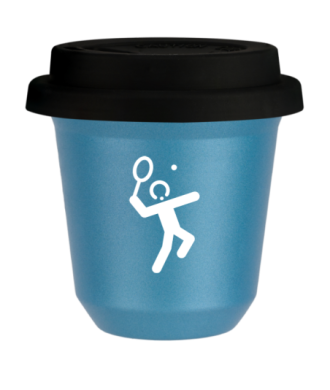 Tasse 80 ml BLEU CLAIR MÉTALLIQUE "Tennis 2 (blanc)", avec couvercle noir Tasse 80 ml BLEU CLAIR MÉTALLIQUE "Tennis 2 (blanc)", avec couvercle noir
