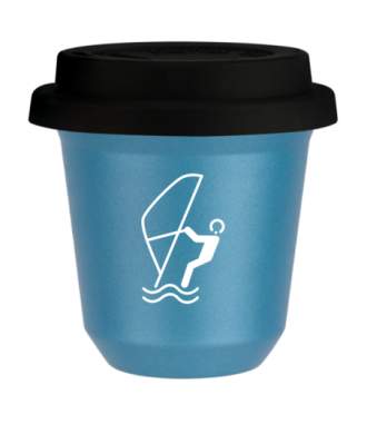 Tasse 80 ml BLEU CLAIR MÉTALLIQUE "Sports nautiques (blanc)", avec couvercle noir Tasse 80 ml BLEU CLAIR MÉTALLIQUE "Sports nautiques (blanc)", avec couvercle noir