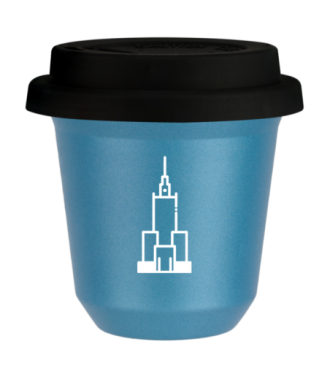 Tasse 80 ml BLEU CLAIR MÉTALLIQUE "Pałac kultury i nauki (blanc)", avec couvercle noir Tasse 80 ml BLEU CLAIR MÉTALLIQUE "Pałac kultury i nauki (blanc)", avec couvercle noir