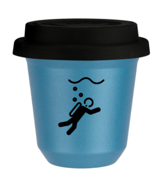 Tasse 80 ml BLEU CLAIR MÉTALLIQUE "Plongée", avec couvercle noir Tasse 80 ml BLEU CLAIR MÉTALLIQUE "Plongée", avec couvercle noir