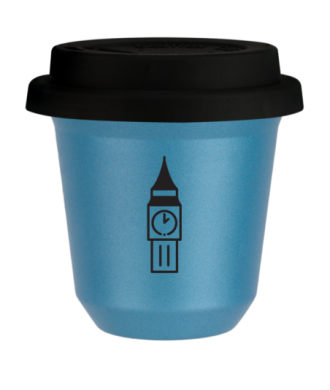 Tasse 80 ml BLEU CLAIR MÉTALLIQUE "BIG BEN (noir)", avec couvercle noir Tasse 80 ml BLEU CLAIR MÉTALLIQUE "BIG BEN (noir)", avec couvercle noir