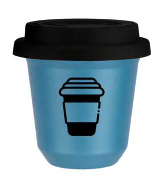 Tasse 80 ml BLEU CLAIR MÉTALLIQUE, avec couvercle noir Tasse 80 ml BLEU CLAIR MÉTALLIQUE, avec couvercle noir