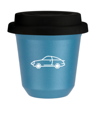 Tasse 80 ml BLEU CLAIR MÉTALLIQUE "Voiture (blanc)", avec couvercle noir Tasse 80 ml BLEU CLAIR MÉTALLIQUE "Voiture (blanc)", avec couvercle noir