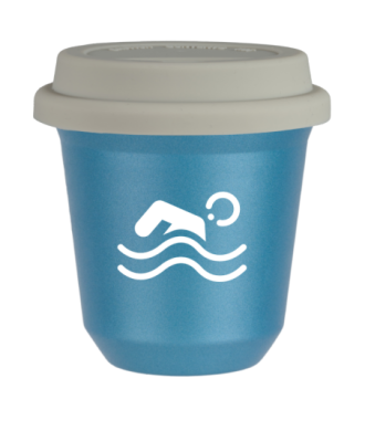Tasse 80 ml BLEU CLAIR MÉTALLIQUE "Natation (blanc)", avec couvercle blanc Tasse 80 ml BLEU CLAIR MÉTALLIQUE "Natation (blanc)", avec couvercle blanc