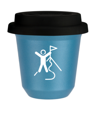Tasse 80 ml BLEU CLAIR MÉTALLIQUE "Escalade 1 (blanc)", avec couvercle noir Tasse 80 ml BLEU CLAIR MÉTALLIQUE "Escalade 1 (blanc)", avec couvercle noir
