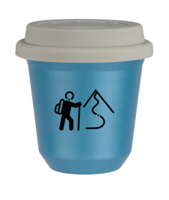 Tasse 80 ml BLEU CLAIR MÉTALLIQUE "Escalade 2 (noir)", avec couvercle blanc Tasse 80 ml BLEU CLAIR MÉTALLIQUE "Escalade 2 (noir)", avec couvercle blanc