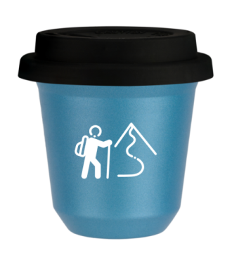 Tasse 80 ml BLEU CLAIR MÉTALLIQUE "Escalade 2 (blanc)", avec couvercle noir Tasse 80 ml BLEU CLAIR MÉTALLIQUE "Escalade 2 (blanc)", avec couvercle noir