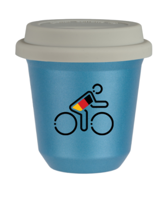 Tasse 80 ml BLEU CLAIR MÉTALLIQUE "Cycliste aux couleurs allemandes (noir)", avec couvercle blanc Tasse 80 ml BLEU CLAIR MÉTALLIQUE "Cycliste aux couleurs allemandes (noir)", avec couvercle blanc