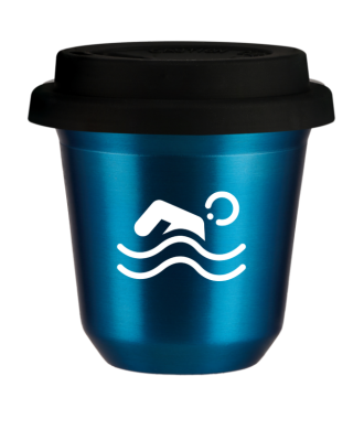 Tasse 80 ml BLEU MÉTALLIQUE "Natation (blanc)", avec couvercle noir Tasse 80 ml BLEU MÉTALLIQUE "Natation (blanc)", avec couvercle noir
