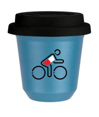 Tasse 80 ml BLEU CLAIR MÉTALLIQUE "Cycliste aux couleurs polonaises (noir)", avec couvercle noir Tasse 80 ml BLEU CLAIR MÉTALLIQUE "Cycliste aux couleurs polonaises (noir)", avec couvercle noir