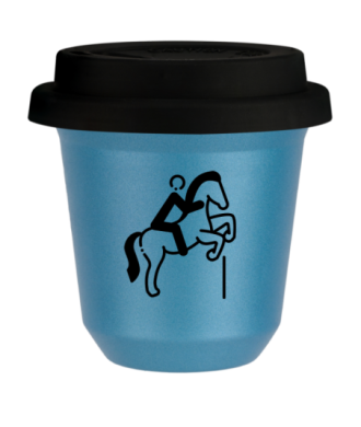 Tasse 80 ml BLEU CLAIR MÉTALLIQUE "Équitation 1 (noir)", avec couvercle noir Tasse 80 ml BLEU CLAIR MÉTALLIQUE "Équitation 1 (noir)", avec couvercle noir