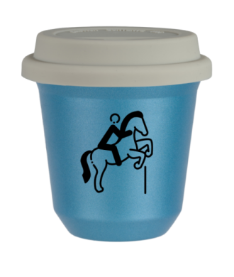 Tasse 80 ml BLEU CLAIR MÉTALLIQUE "Équitation 1 (noir)", avec couvercle blanc Tasse 80 ml BLEU CLAIR MÉTALLIQUE "Équitation 1 (noir)", avec couvercle blanc