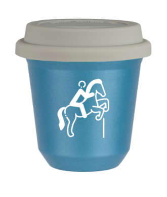 Tasse 80 ml BLEU CLAIR MÉTALLIQUE "Équitation 1 (blanc)", avec couvercle blanc Tasse 80 ml BLEU CLAIR MÉTALLIQUE "Équitation 1 (blanc)", avec couvercle blanc