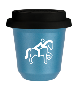 Tasse 80 ml BLEU CLAIR MÉTALLIQUE "Équitation 2 (blanc)", avec couvercle noir Tasse 80 ml BLEU CLAIR MÉTALLIQUE "Équitation 2 (blanc)", avec couvercle noir