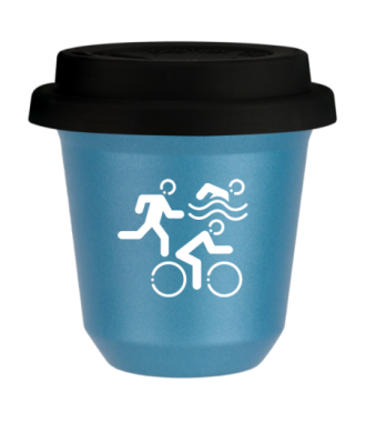 Tasse 80 ml BLEU CLAIR MÉTALLIQUE "Sports (blanc)", avec couvercle noir Tasse 80 ml BLEU CLAIR MÉTALLIQUE "Sports (blanc)", avec couvercle noir
