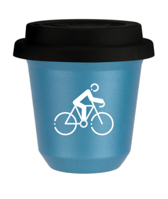 Tasse 80 ml BLEU CLAIR MÉTALLIQUE "Cyclisme 3 (blanc)", avec couvercle noir Tasse 80 ml BLEU CLAIR MÉTALLIQUE "Cyclisme 3 (blanc)", avec couvercle noir