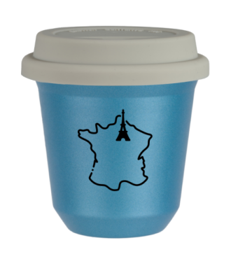 Tasse 80 ml BLEU CLAIR MÉTALLIQUE "France", avec couvercle blanc Tasse 80 ml BLEU CLAIR MÉTALLIQUE "France", avec couvercle blanc