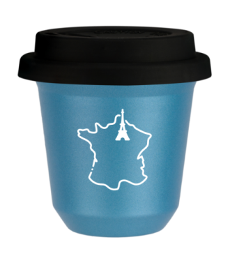 Tasse 80 ml BLEU CLAIR MÉTALLIQUE "France (blanc)", avec couvercle noir Tasse 80 ml BLEU CLAIR MÉTALLIQUE "France (blanc)", avec couvercle noir