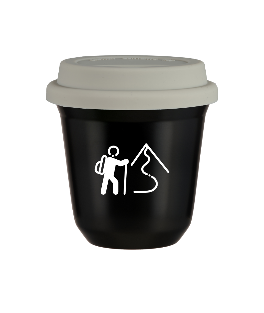 Tasse 80 ml NOIR "Escalade 2 (blanc)", avec couvercle blanc