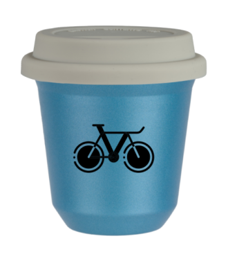 Tasse 80 ml BLEU CLAIR MÉTALLIQUE "Vélo 1", avec couvercle blanc Tasse 80 ml BLEU CLAIR MÉTALLIQUE "Vélo 1", avec couvercle blanc