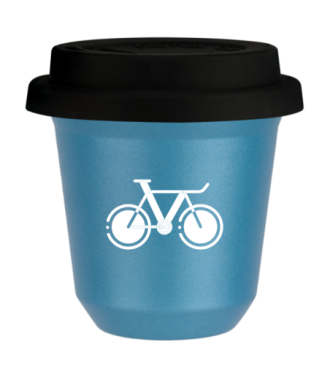 Tasse 80 ml BLEU CLAIR MÉTALLIQUE "Vélo 1 (blanc)", avec couvercle noir Tasse 80 ml BLEU CLAIR MÉTALLIQUE "Vélo 1 (blanc)", avec couvercle noir