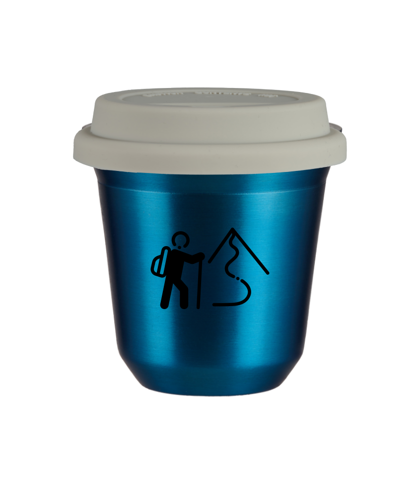 Tasse 80 ml BLEU MÉTALLIQUE "Escalade 2 (noir)", avec couvercle blanc