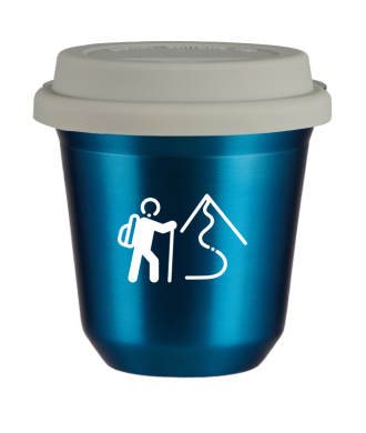Tasse 80 ml BLEU MÉTALLIQUE "Escalade 2 (blanc)", avec couvercle blanc Tasse 80 ml BLEU MÉTALLIQUE "Escalade 2 (blanc)", avec couvercle blanc