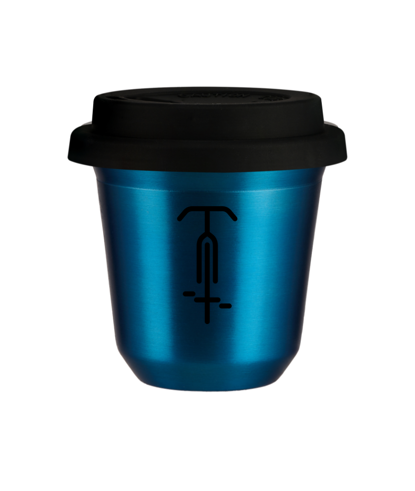 Tasse 80 ml BLEU MÉTALLIQUE "Cyclisme 1", avec couvercle noir