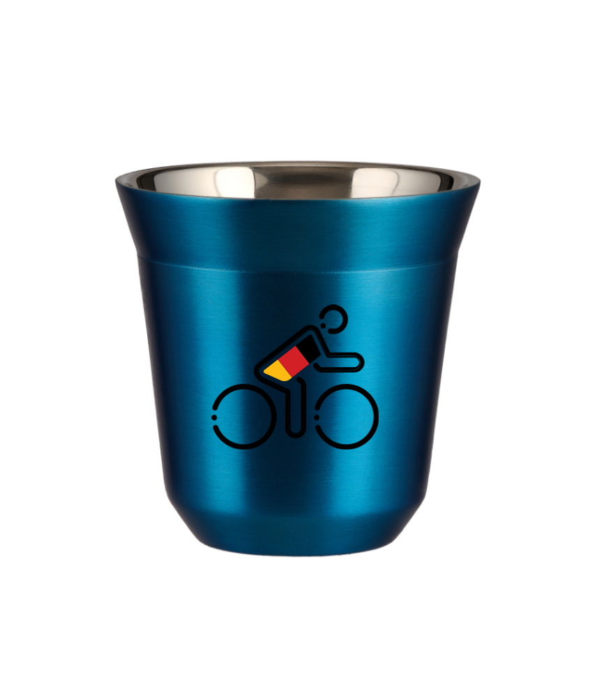 Tasse 80 ml BLEU MÉTALLIQUE "Cycliste aux couleurs allemandes"