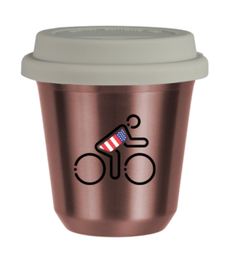 Tasse 80 ml OR ROSE "Cycliste aux couleurs britanniques", avec couvercle blanc Tasse 80 ml OR ROSE "Cycliste aux couleurs britanniques", avec couvercle blanc