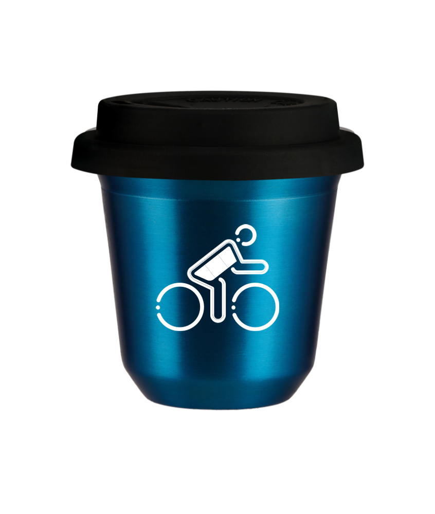 Tasse 80 ml BLEU MÉTALLIQUE "Cycliste aux couleurs allemandes (blanc)", avec couvercle noir