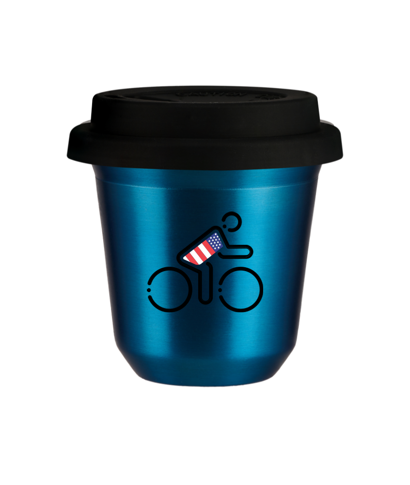 Tasse 80 ml BLEU MÉTALLIQUE "Cycliste aux couleurs britanniques", avec couvercle noir